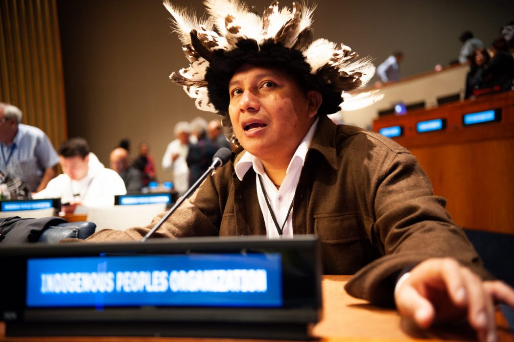 Adriano Karipuna no Fórum Permanente da ONU sobre Assuntos Indígenas, em 2018. Foto: Luiz Roberto Lima