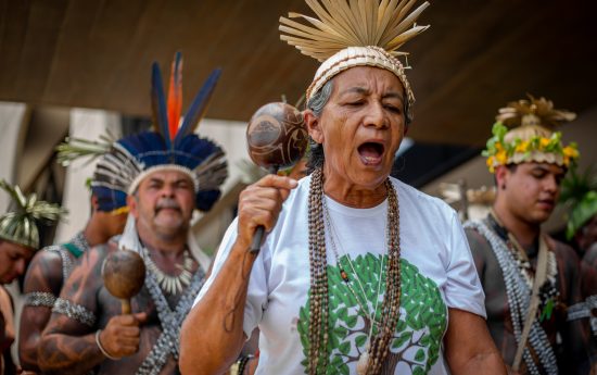 Indígenas do povo Xukuru participaram do ato no CCBB, sede da equipe de transição do governo Jair Bolsonaro. Foto: Tiago Miotto/Cimi