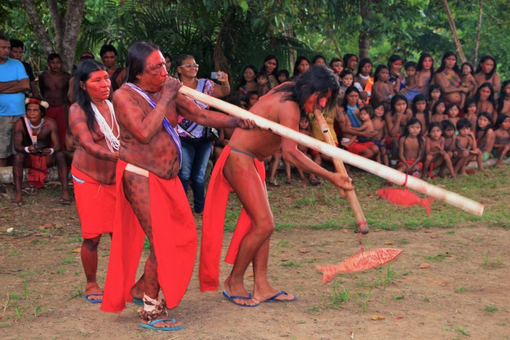 Povo Wajãpi, durante comemoração dos vinte anos da demarcação da TI, em 2016. Foto: Rede de Cooperação Amazônica (RCA)