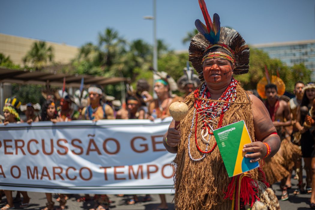 Manifestação de povos do sul e extremo sul da Bahia em Brasília, em 2019, em defesa dos direitos constitucionais indígenas. Foto: Tiago Miotto/Cimi