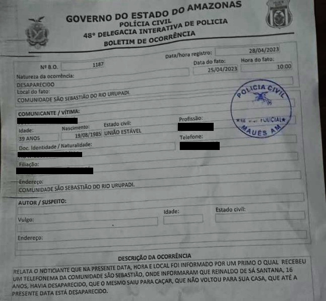 Reportagem da InfoAmazonia obteve cópia do Boletim de Ocorrência que a Polícia Civil do Amazonas diz não existir (Reprodução) Credito: InfoAmazonia / Reprodução 