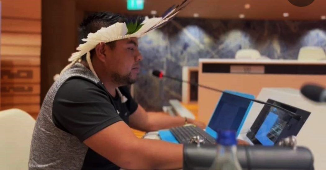 Josiel Kaiowá no Mecanismo de Peritos sobre os Direitos dos Povos Indígenas (EMRIP) da Organização das Nações Unidas (ONU). Foto: Paulo Lugon/Cimi equipe de Incidência Internacional