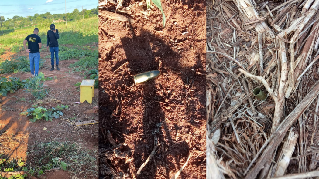 Uma equipe de perícia da Policia Federal esteve no tekoha e coletou 13 capsulas e uma munição letal não detonada, todas de calibre 38. Credito: Comunidade Avá Guarani 