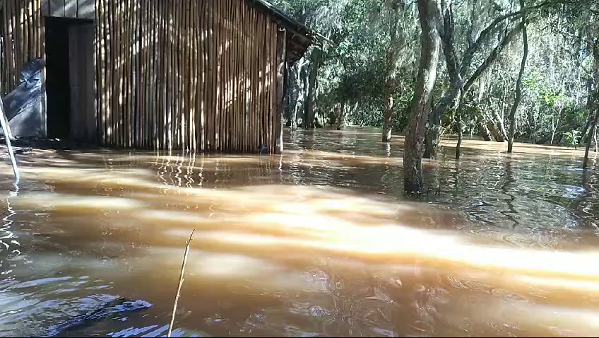 Registro da enchente de maio de 2024 na comunidade Mbya Guarani de Passo Grande/Nhu Poty, em Barra Do Ribeiro (RS). Foto: comunidade