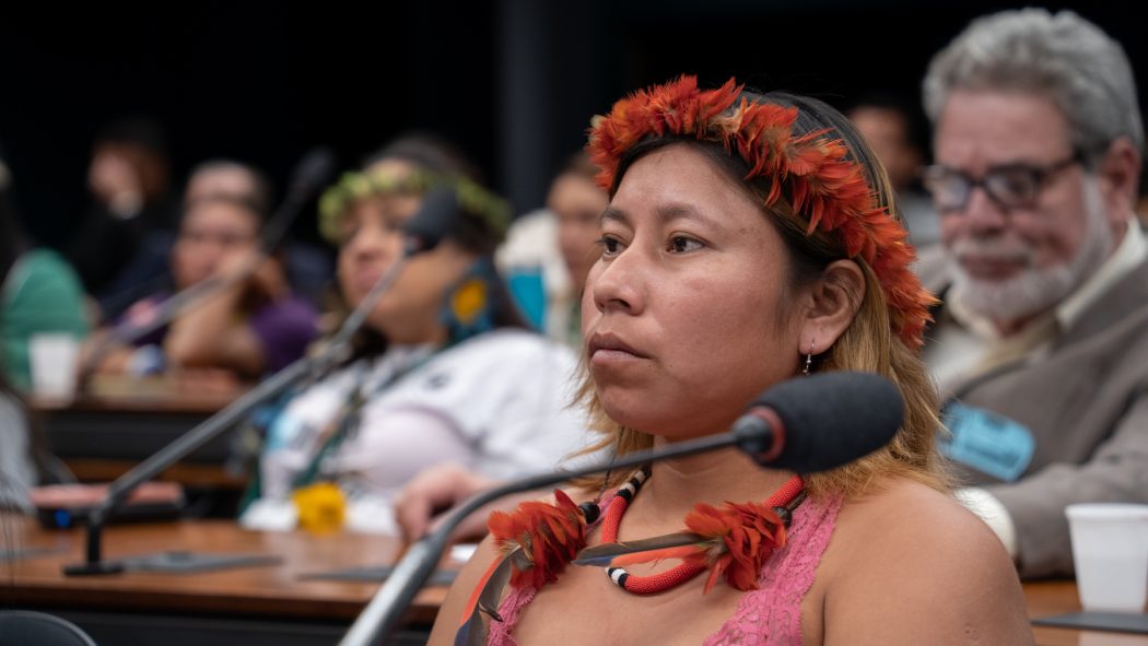 Vilma Rios, liderança Avá-Guarani, na audiência pública sobre os impactos da Lei do Marco Temporal sobre os povos indígenas realizada no dia 5 de agosto na Comissão de Direitos Humanos e Minorias da Câmara. Foto: Tiago Miotto/Cimi