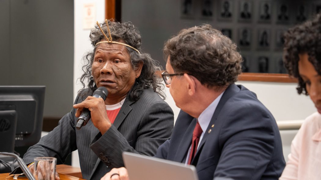 Olímpio Canela, liderança da TI Porquinhos, na audiência pública sobre os impactos da Lei do Marco Temporal no dia 5 de agosto, na Câmara. Foto: Tiago Miotto/Cimi