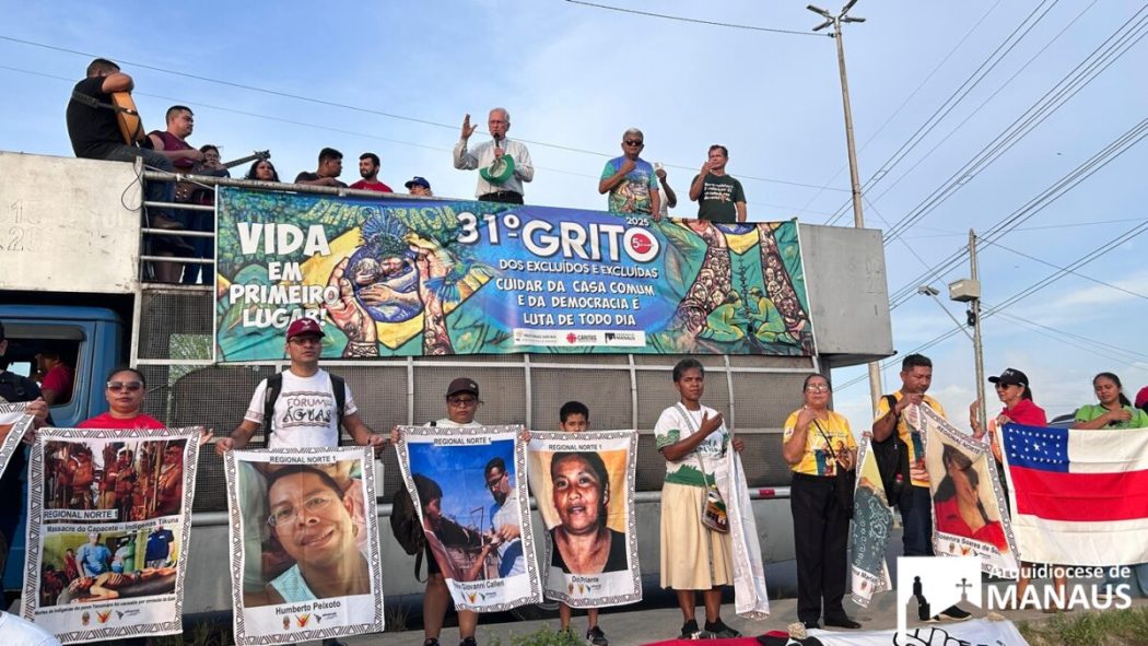 31º Grito dos Excluídos, em Manaus, pelos cinco anos de impunidade do massacre do rio Abacaxis. Registro de 2025. Foto: Arquidiocese de Manaus (AM)